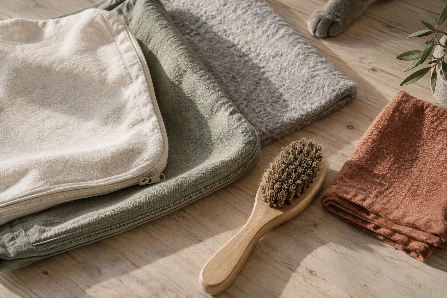 Linen covers, a felt panel and a cleaning brush on a wooden table.